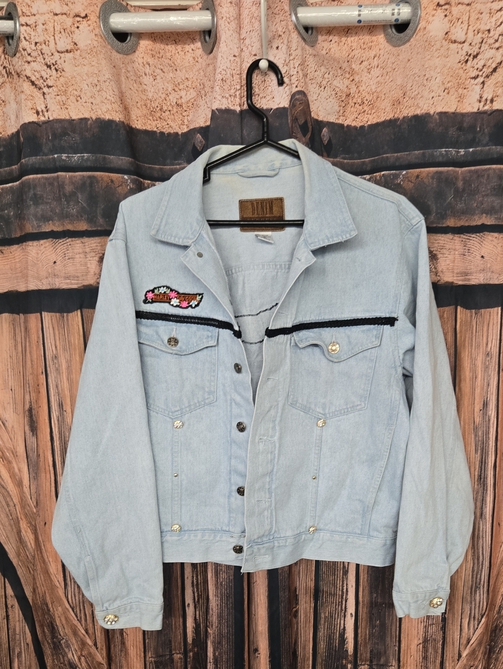 Express Light Blue Denim Jacket with Embroidered Patch